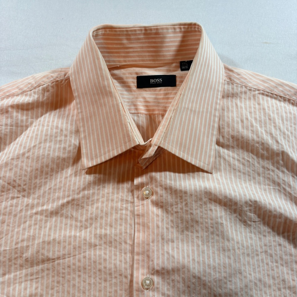 Hugo Boss Striped Button Down Shirt Mens 17.5 34/35 Regular Fit Peach Cotton